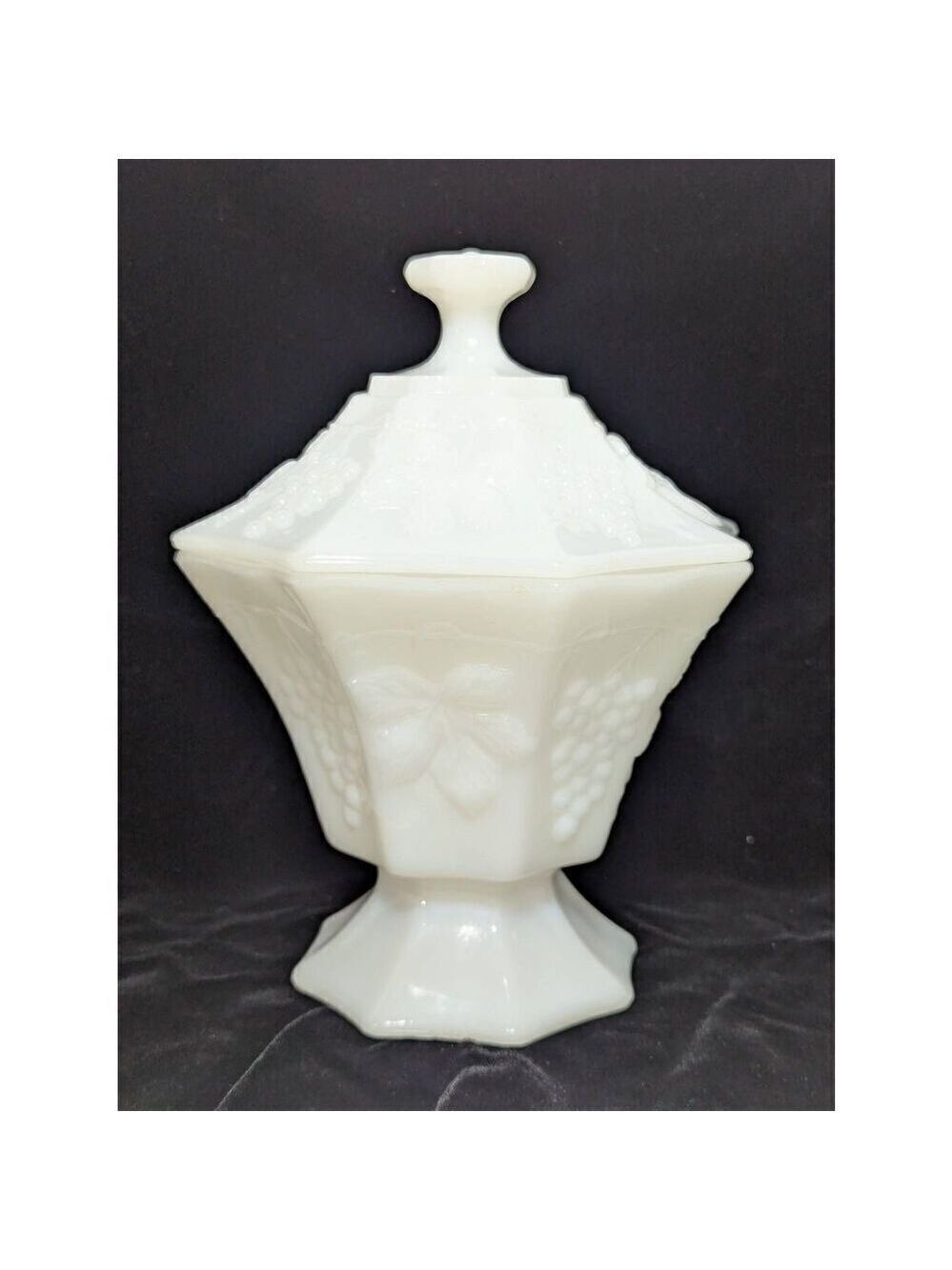 Anchor Hocking Milk Glass Lidded Pedestal Octagon Candy Dish Vase Grape Design